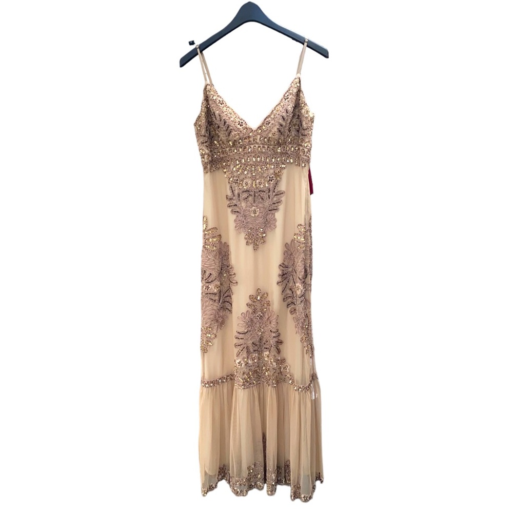 Sue Wong Beige Nocturn Embellished Beaded Sequins Floor Length Dress Size 10
